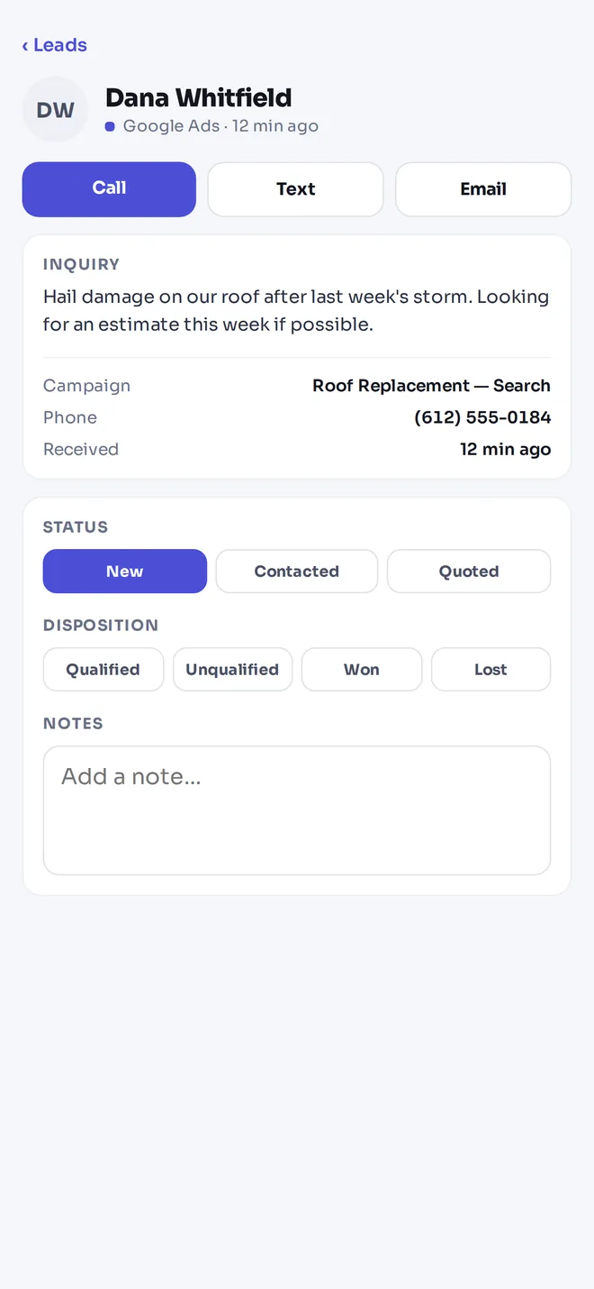 One lead with Call, Text and Email buttons, the customer's request, and buttons to set its status to Won or Lost
