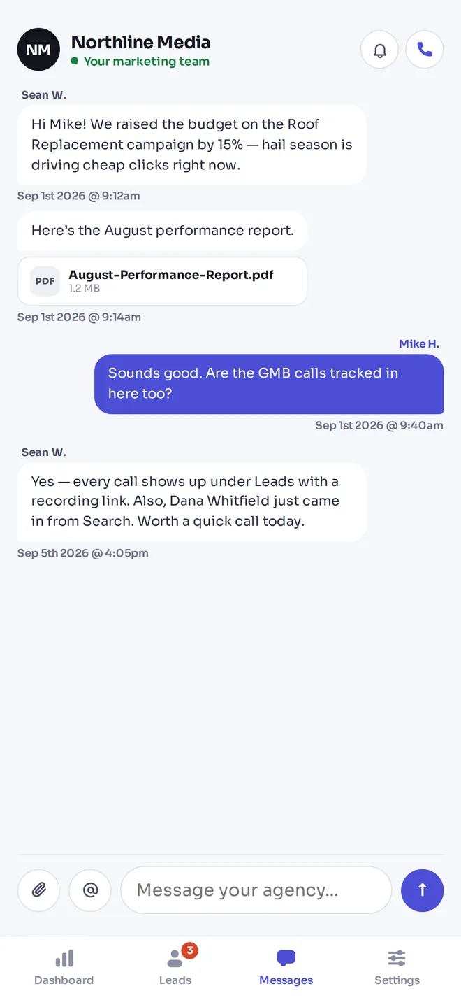 A message thread between the business owner and their agency